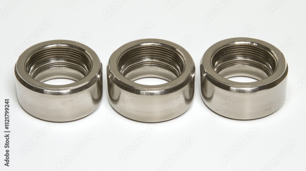 Three metallic machine bearings arranged on a clean white surface highlighting design and engineering precision in industrial applications. Three metallic machine bearings arranged on a clean white surface highlighting design and engineering precision in industrial applications.