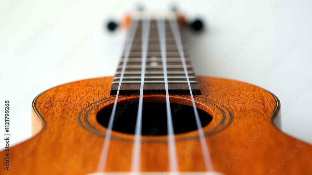 Fototapeta premium Close-up of a ukulele, showcasing its strings, soundhole, and body against a white background.