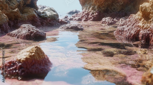 Seaweed growing on rocky formations during low tide showcasing vibrant colors and serene coastal landscape with calm water reflections