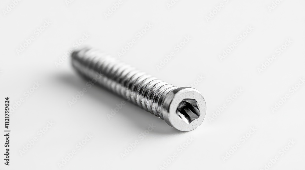Close-up of a stainless steel self tapping screw isolated on a clean white background for hardware and engineering purposes. Close-up of a stainless steel self tapping screw isolated on a clean white background for hardware and engineering purposes.