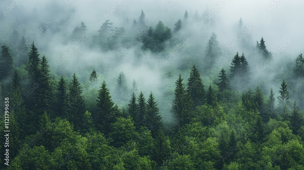Lush green forest enveloped in mystical fog creating a serene tranquil atmosphere with rich shades of greenery and depth. Lush green forest enveloped in mystical fog creating a serene tranquil atmosphere with rich shades of greenery and depth.