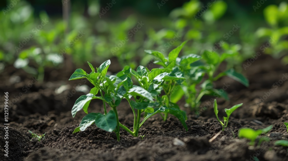 Vibrant young bell pepper plants thriving in rich garden soil under natural sunlight Vibrant young bell pepper plants thriving in rich garden soil under natural sunlight