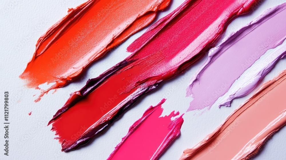 Colorful lipstick swatches on a light background showcasing vibrant shades for beauty and makeup advertising or creative design projects. Colorful lipstick swatches on a light background showcasing vibrant shades for beauty and makeup advertising or creative design projects.