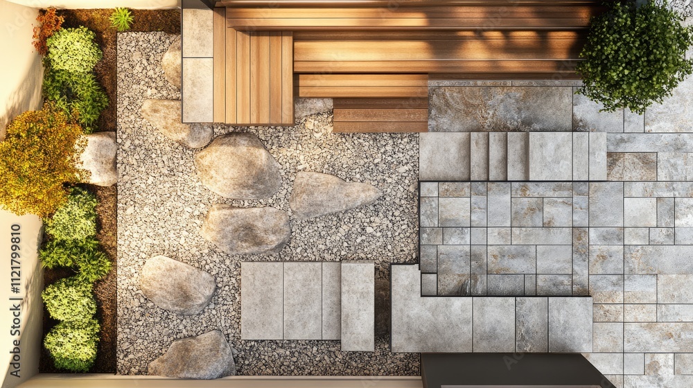 Terrace floor reconstruction process showcasing natural elements and step layout in a modern outdoor setting from a top view perspective Terrace floor reconstruction process showcasing natural elements and step layout in a modern outdoor setting from a top view perspective
