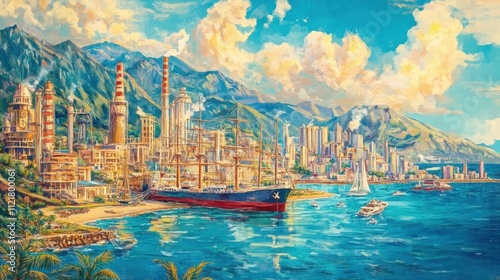 Vibrant Coastal Metropolis: A Breathtaking Cityscape with Mountainous Backdrop