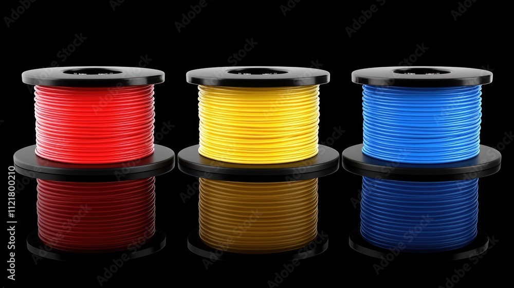 Colorful rolls of electrical wire in red yellow and blue on black background displaying vibrant insulation colors and reflective surfaces Colorful rolls of electrical wire in red yellow and blue on black background displaying vibrant insulation colors and reflective surfaces