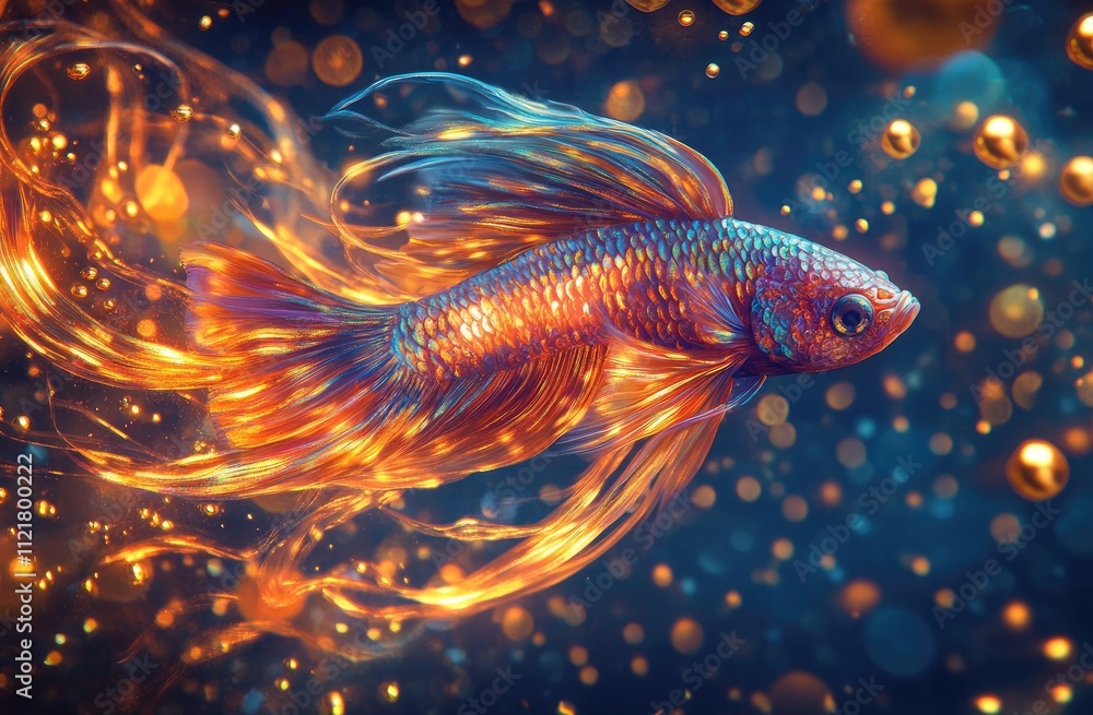 A beautiful, colorful betta fish with flowing fins and iridescent scales, shimmering in the water surrounded by bubbles. A beautiful, colorful betta fish with flowing fins and iridescent scales, shimmering in the water surrounded by bubbles.