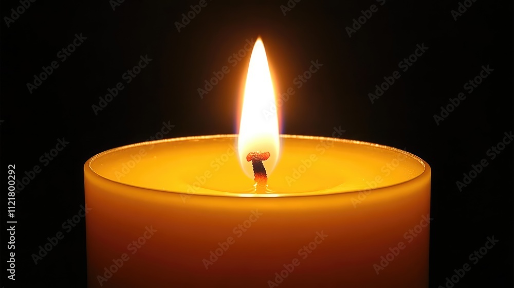Close up view of a bright flame illuminating the surface of a yellow candle against a dark background creating a serene atmosphere. Close up view of a bright flame illuminating the surface of a yellow candle against a dark background creating a serene atmosphere.
