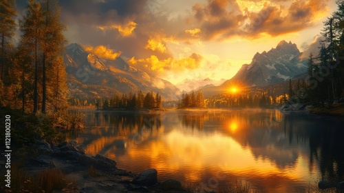 Golden hour lake sunset with dramatic clouds and mountain reflections in serene nature landscape