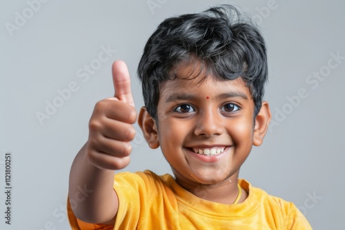 Cheerful Young Boy Giving Thumbs Up Gesture, Smiling With Joyful Expression Against Soft Gray Background, Celebrating Success and Happiness