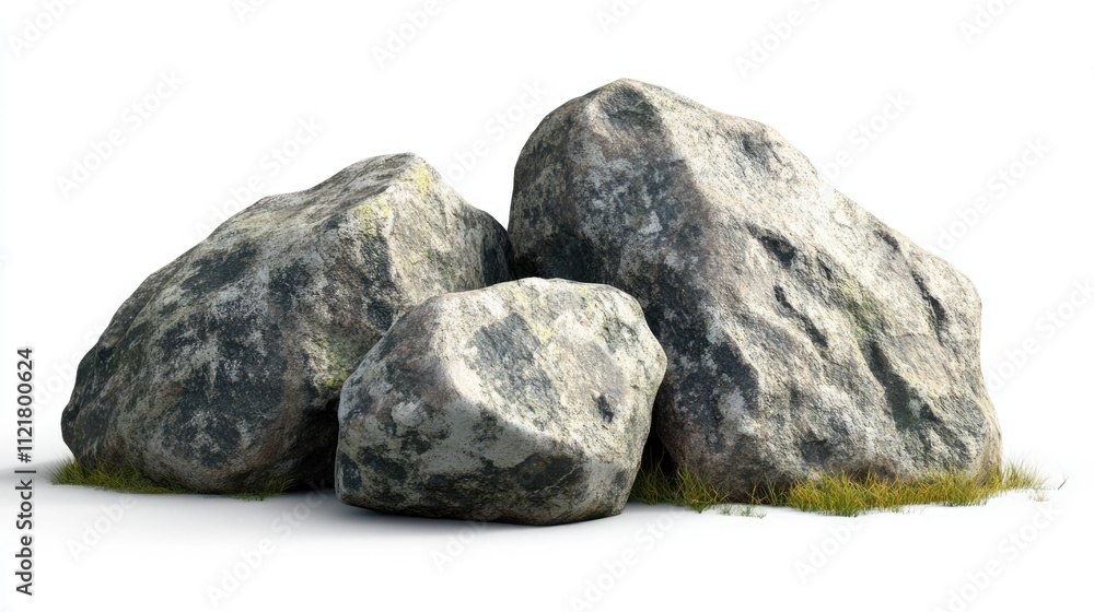 Three textured stones clustered together with patches of grass, isolated on a clean white background for a natural landscape theme. Three textured stones clustered together with patches of grass, isolated on a clean white background for a natural landscape theme.