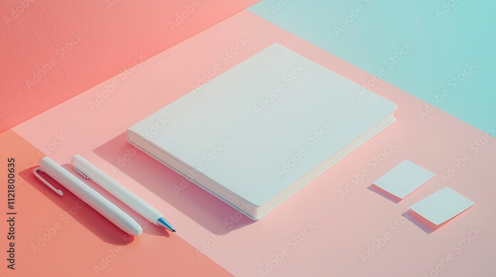 A white notebook and pen are on a pink background A white notebook and pen are on a pink background