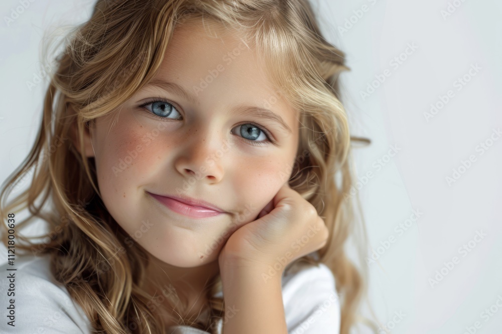 Charming Portrait of Young Girl with Flowing Hair and Bright Blue Eyes, Smiling Gently with Holding Chin and Soft Expression, Against Light Background