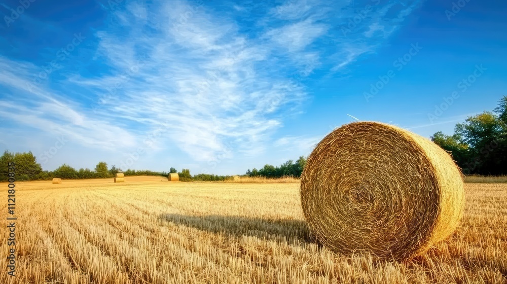 Straw bales in golden farmland under a bright blue sky showcasing a serene rural landscape during harvest season Straw bales in golden farmland under a bright blue sky showcasing a serene rural landscape during harvest season