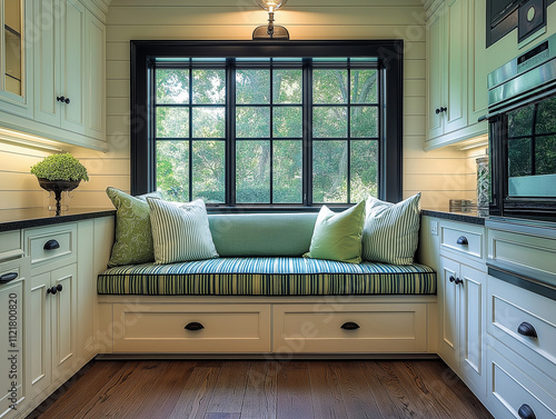 Designing home printer storage under the window seat in the kitchen with a striped green and blue cushion, white cabinets, and black trim for a print-friendly color scheme. Green d photo