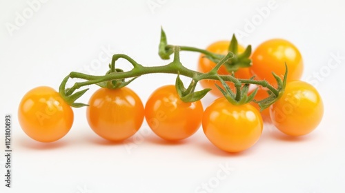 Fresh yellow cherry tomatoes on vine against a clean white background showcasing vibrant colors and textures for culinary or gardening themes