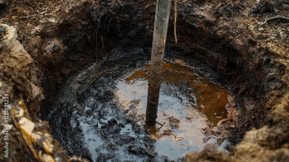 Fototapeta premium Sampling tool extracting fluid from an oil well in a muddy environment showcasing oil exploration and geological analysis techniques.