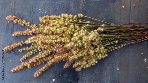 Sphagneticola calendulacea vibrant floral arrangement on rustic dark wood background photo