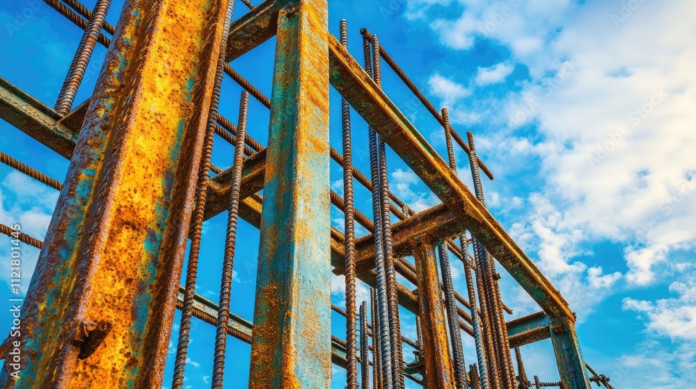 Fototapeta premium Rusty rebar framework against a blue sky showcasing industrial construction and structural elements in urban development.