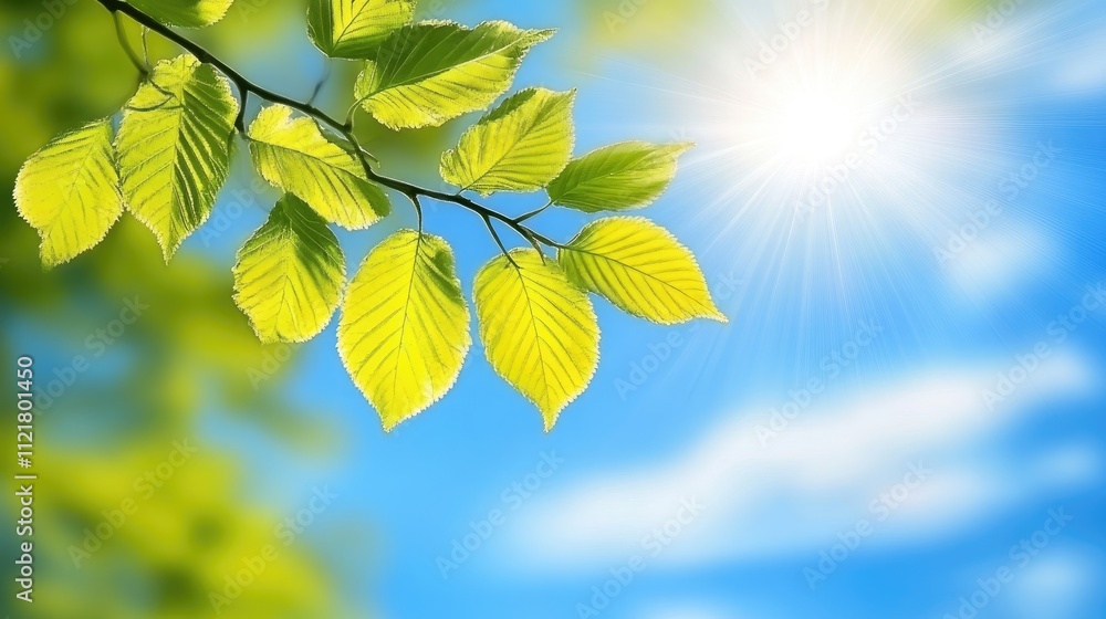 Bright green leaves against a blue sky with sun rays creating a vibrant abstract nature background ideal for serene designs and illustrations Bright green leaves against a blue sky with sun rays creating a vibrant abstract nature background ideal for serene designs and illustrations