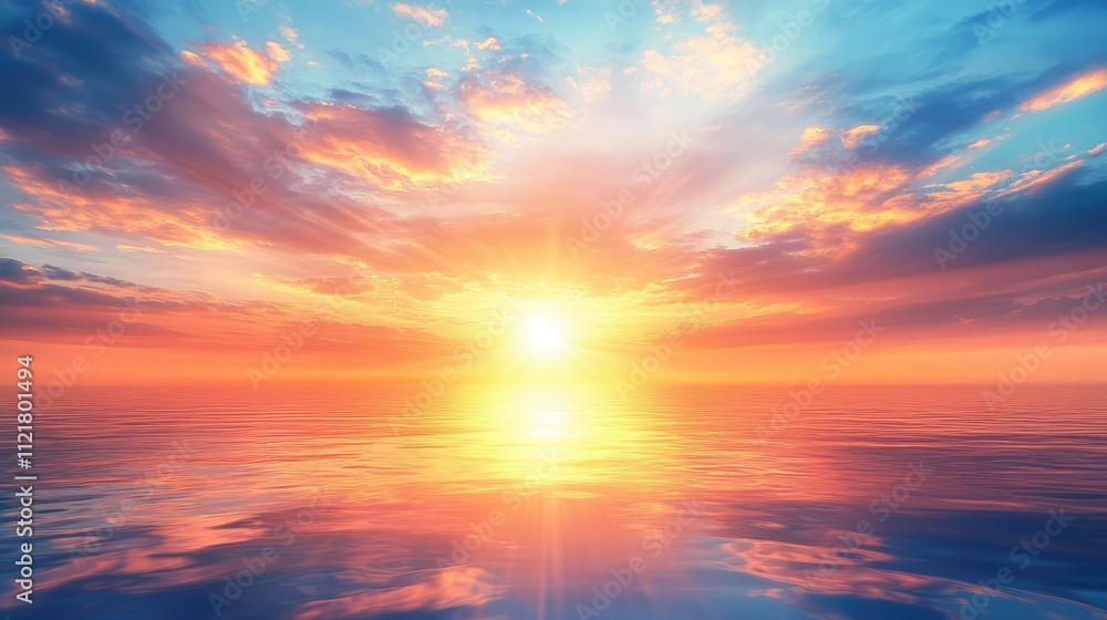 Serene sunset over calm ocean waters with vibrant orange and blue hues reflecting on the surface creating a tranquil evening landscape. Serene sunset over calm ocean waters with vibrant orange and blue hues reflecting on the surface creating a tranquil evening landscape.