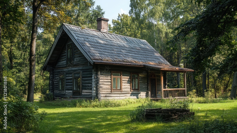 Rustic wooden house surrounded by lush greenery showcasing traditional architecture and serene countryside landscape in daylight Rustic wooden house surrounded by lush greenery showcasing traditional architecture and serene countryside landscape in daylight