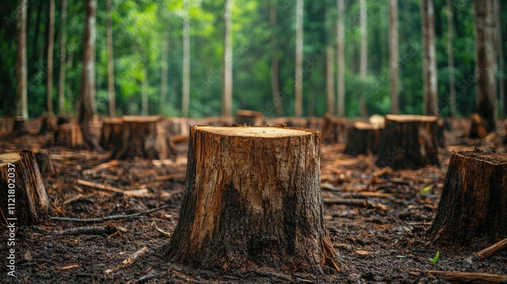 Stumps of cut trees in a tranquil primeval forest showcasing environmental impact and the aftermath of deforestation. Stumps of cut trees in a tranquil primeval forest showcasing environmental impact and the aftermath of deforestation.