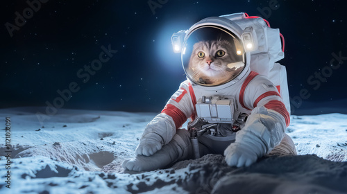 Feline astronaut explores the lunar surface in space suit photo