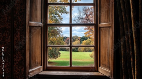 Charming rustic window view showcasing vibrant autumn foliage and a peaceful green landscape beyond the wooden frame