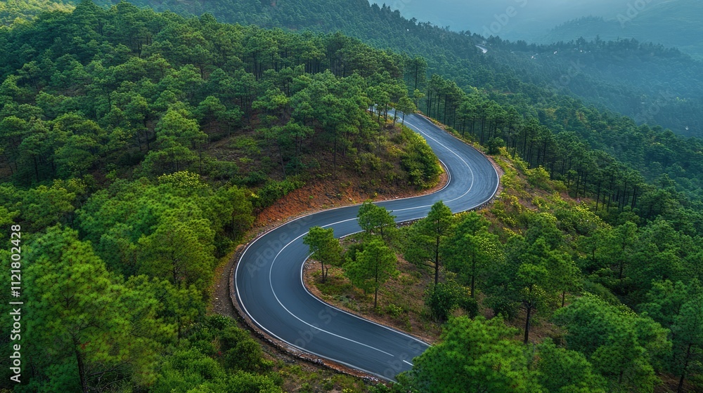 Winding mountain road through lush pine forest with a scenic landscape and serene atmosphere inviting exploration and adventure Winding mountain road through lush pine forest with a scenic landscape and serene atmosphere inviting exploration and adventure