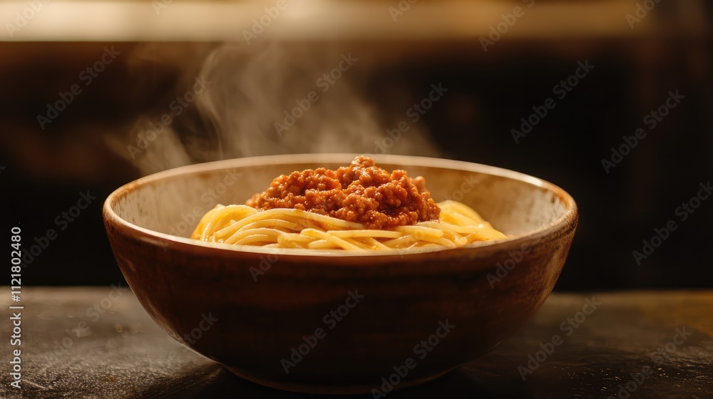 Steaming Spaghetti Bolognese Served in Modern Ceramic Bowl on Dark Slate Table Top Steaming Spaghetti Bolognese Served in Modern Ceramic Bowl on Dark Slate Table Top