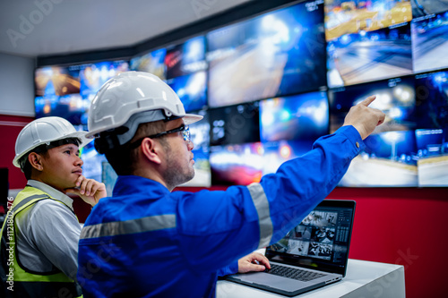 Two CCTV officers are monitoring traffic in the area via multiple monitors in the control room. photo