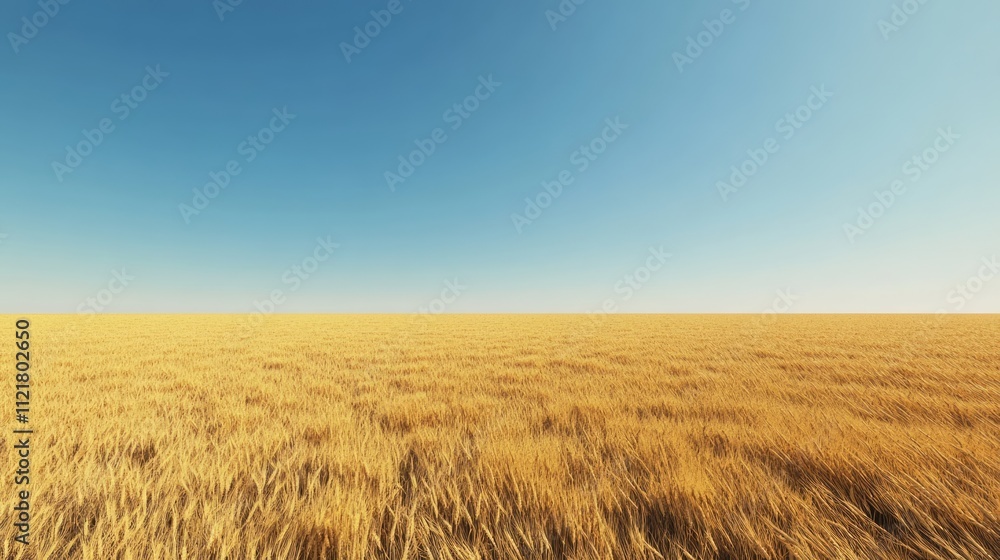Vast golden wheat field under clear blue sky with horizon stretching far showcasing tall slender stalks and heavy grain heads. Vast golden wheat field under clear blue sky with horizon stretching far showcasing tall slender stalks and heavy grain heads.