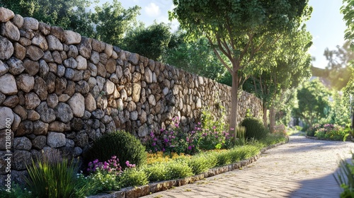 Scenic garden pathway alongside a rustic stone wall lined with vibrant flowers and lush greenery in a tranquil outdoor setting