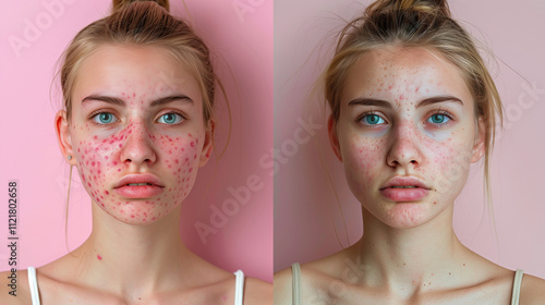  Banner with women's faces before and after acne treatment.before after of pimple face mid age woman, I want to show effect of led light therapy photo