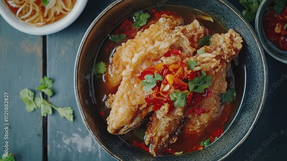 Crispy fried catfish served with spicy chili sauce fresh vegetables beef broth and fried onions for an appetizing meal Crispy fried catfish served with spicy chili sauce fresh vegetables beef broth and fried onions for an appetizing meal