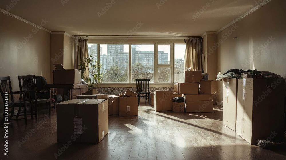 A tenant packs up belongings in cardboard boxes after receiving an eviction notice, the empty apartment reflecting the stress and uncertainty of sudden change A tenant packs up belongings in cardboard boxes after receiving an eviction notice, the empty apartment reflecting the stress and uncertainty of sudden change