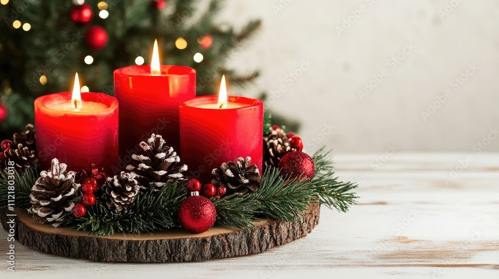 Stylish red candles in Christmas wreath with pine cones and ornaments on wooden table creating festive atmosphere for winter holidays Stylish red candles in Christmas wreath with pine cones and ornaments on wooden table creating festive atmosphere for winter holidays