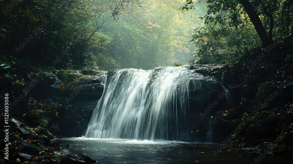Serene waterfall cascading into a tranquil pool surrounded by lush greenery in a misty forest setting Serene waterfall cascading into a tranquil pool surrounded by lush greenery in a misty forest setting