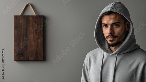 Grey Hoodie Man, Mysterious Portrait with Wooden Sign
