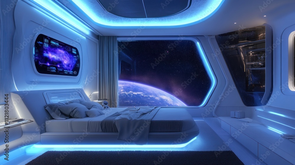 Futuristic bedroom with space view and ambient lighting Futuristic bedroom with space view and ambient lighting