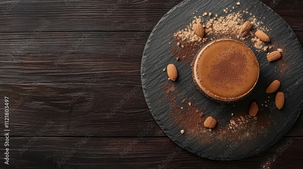 Tiramisu dessert on slate plate garnished with almonds and cocoa powder on rustic wooden background Tiramisu dessert on slate plate garnished with almonds and cocoa powder on rustic wooden background