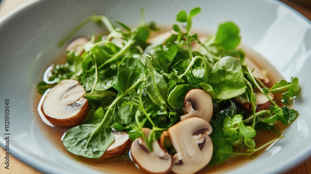 Fresh Watercress Salad with Sliced Mushrooms in a White Bowl on Wooden Table Fresh Watercress Salad with Sliced Mushrooms in a White Bowl on Wooden Table