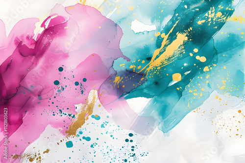 Abstract art with pink, teal, and gold ink splatters on white background.