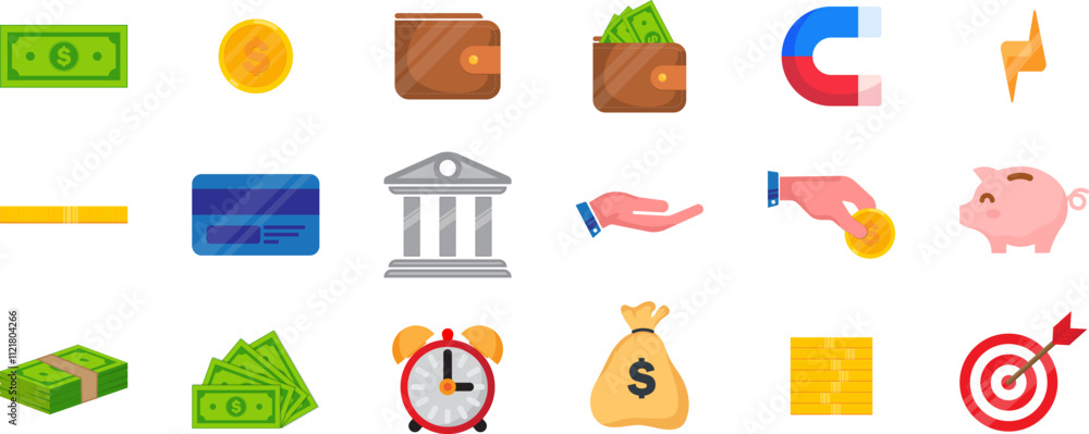 business money icons set with coin, money notes, credit card, clock , money bag, target, hand, piggy bank, magnet, wallet business money icons set with coin, money notes, credit card, clock , money bag, target, hand, piggy bank, magnet, wallet