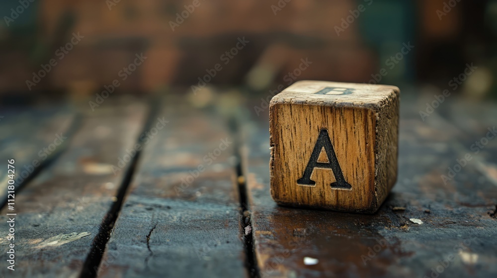 Wooden cube with letter A on a rustic wooden surface ideal for concepts of choice education or storytelling themes Wooden cube with letter A on a rustic wooden surface ideal for concepts of choice education or storytelling themes