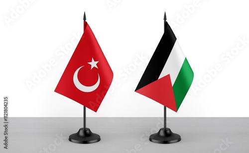 Image of the table flag of Turkey and Palestine countries. White background. Close-up flags. High Resolution. photo