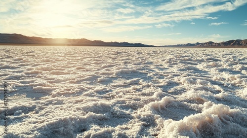 A vast salt flat shows the aftermath of evaporation, where water has receded and left behind sparkling salt crystals in the desert landscape photo