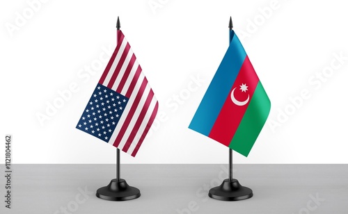 Image of the table flag of United States of America and Azarbaijan countries. White background. Close-up flags. High Resolution. photo