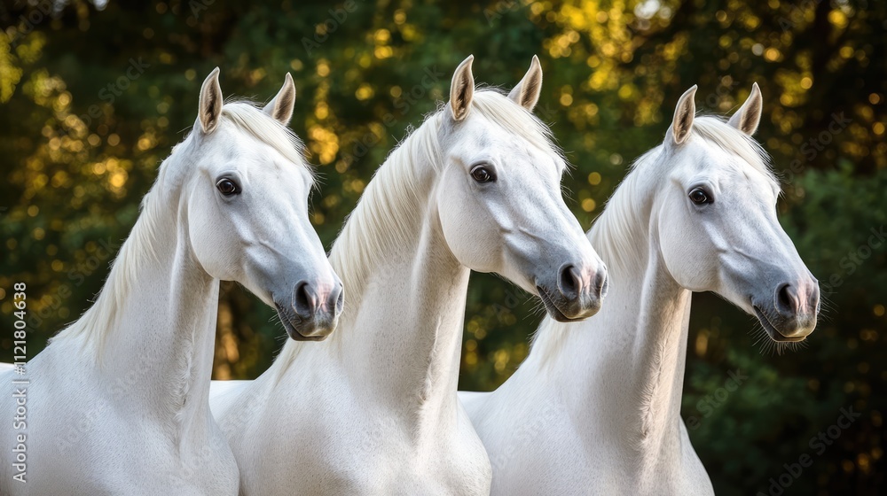 Close up portrait of three elegant white Arabian horses in natural light showcasing their beauty and grace in a lush outdoor setting Close up portrait of three elegant white Arabian horses in natural light showcasing their beauty and grace in a lush outdoor setting